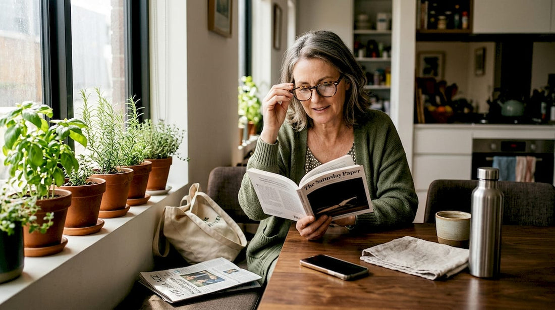 Woman reading with eco glasses at kitchen table
