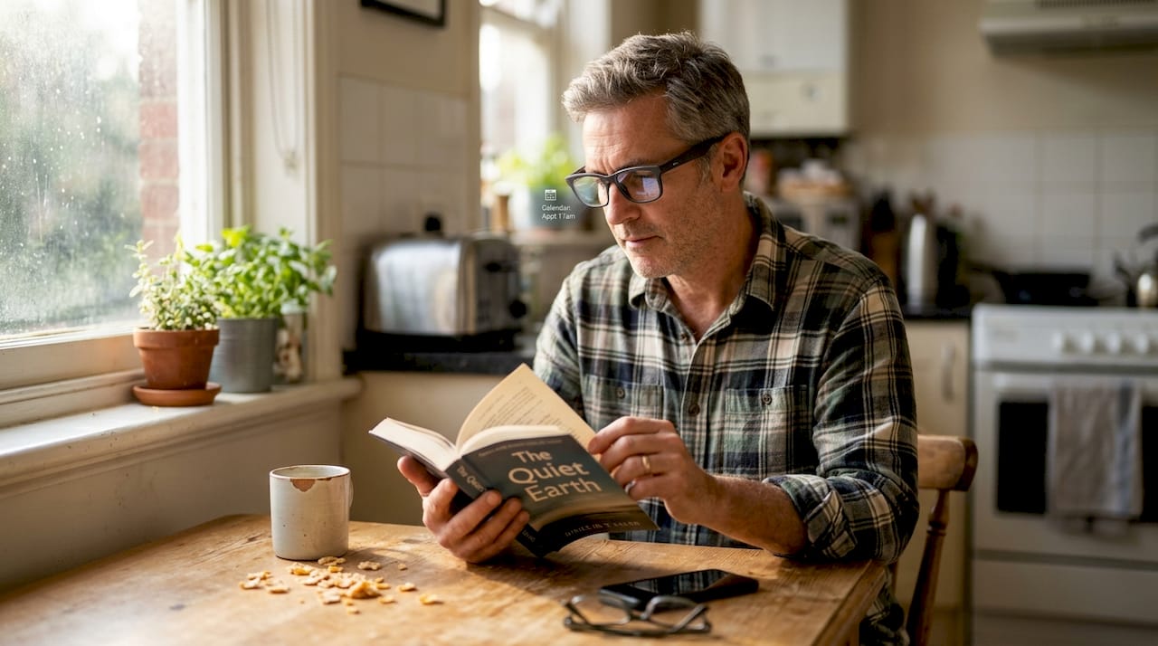 Man using smart reading glasses with book