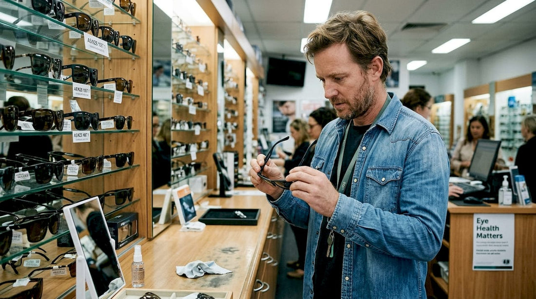 Man selecting sunglasses in eyewear store