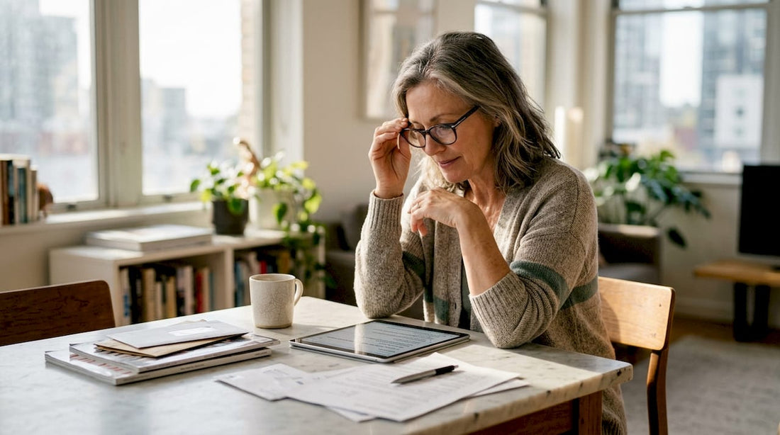 Woman using luxury reading glasses at kitchen table
