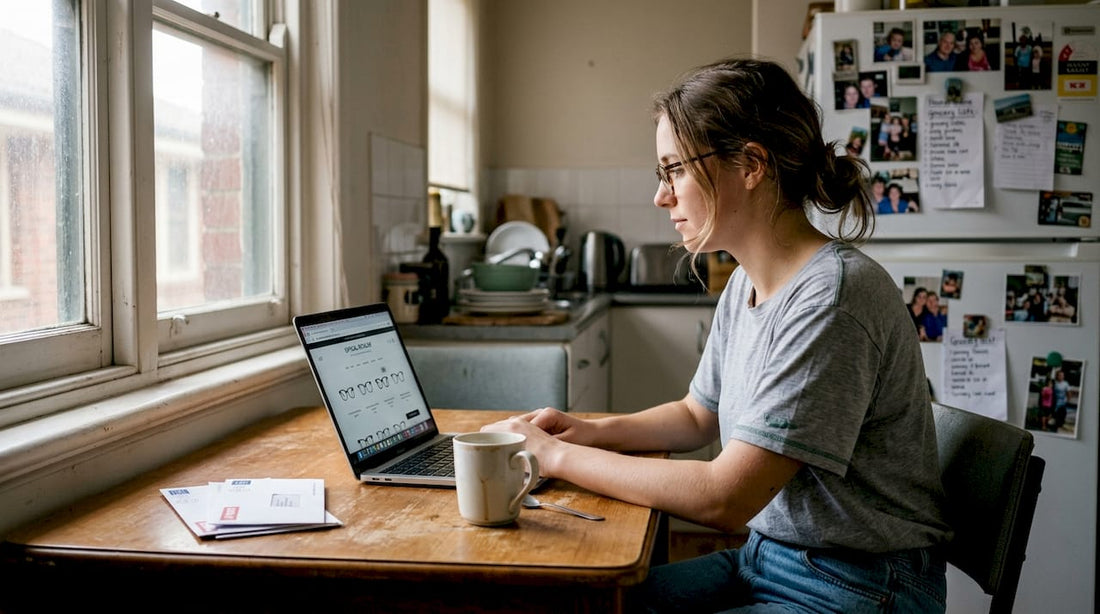Woman shopping for eyewear online in kitchen