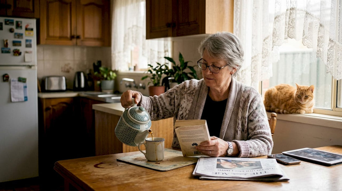 Older woman with reading glasses at kitchen table