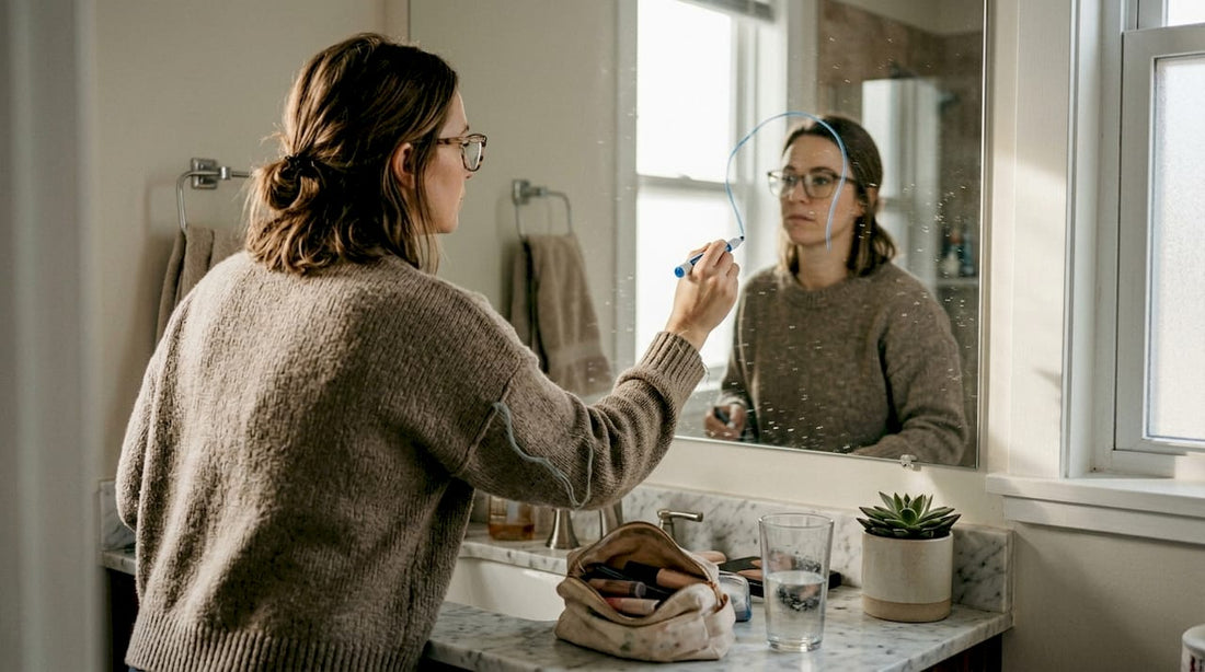 Woman outlines face shape on mirror