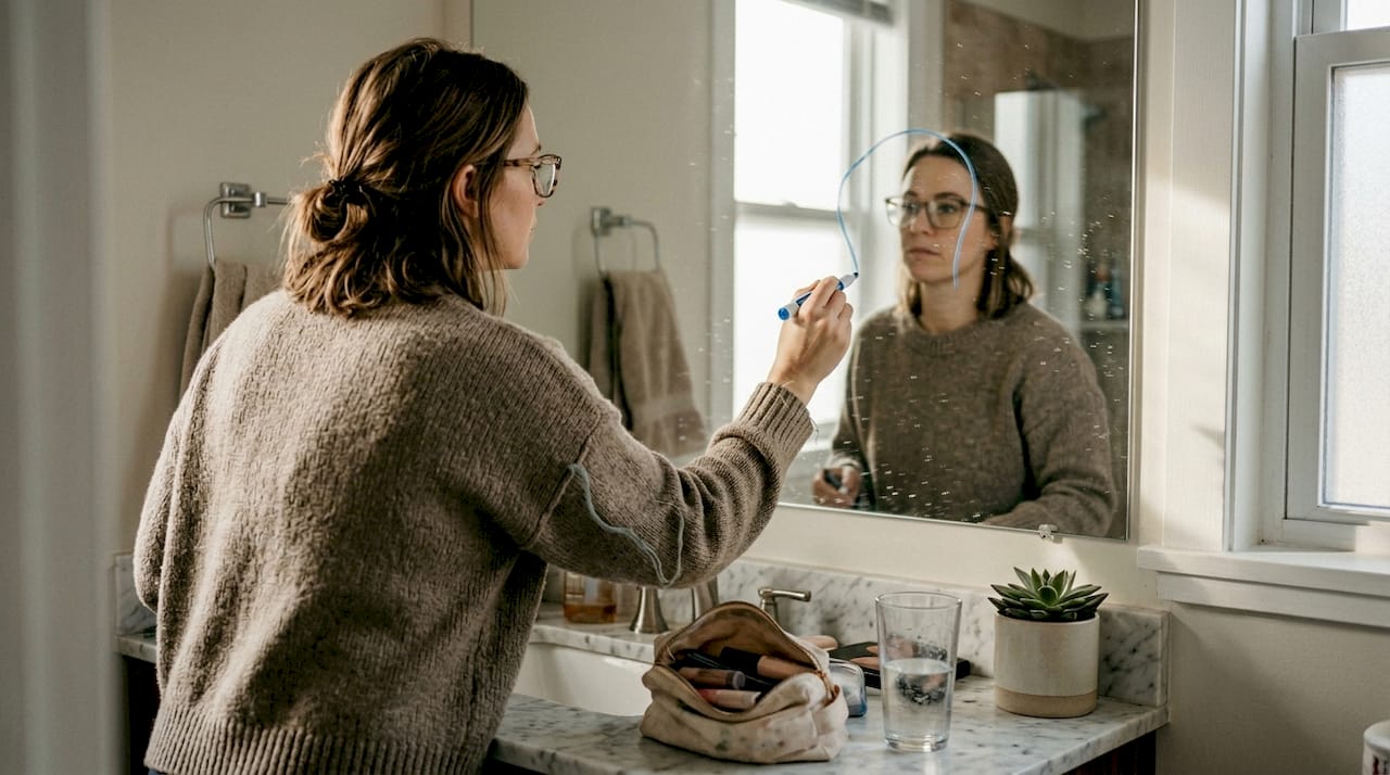 Woman outlines face shape on mirror