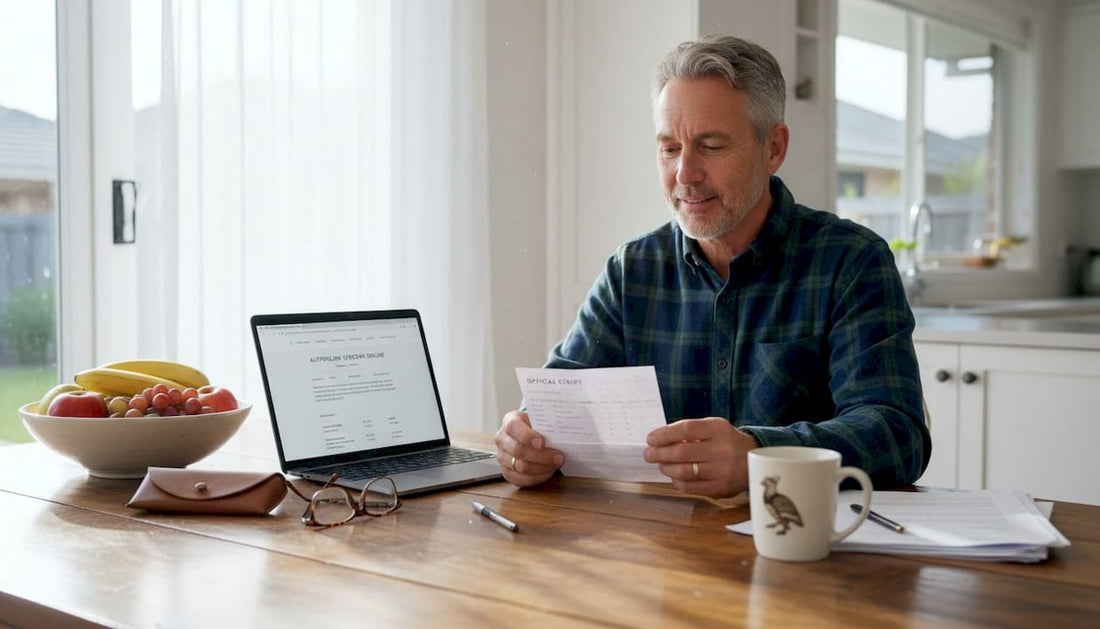 Man checking glasses prescription at kitchen table