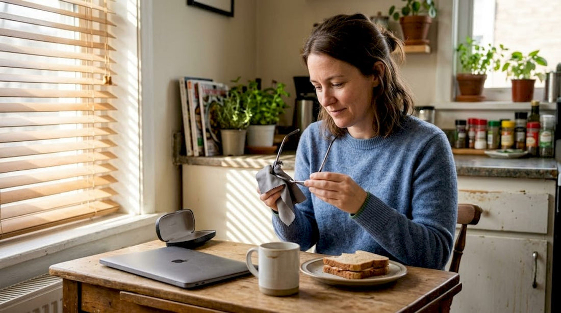 Woman cleaning eyeglasses at home kitchen table