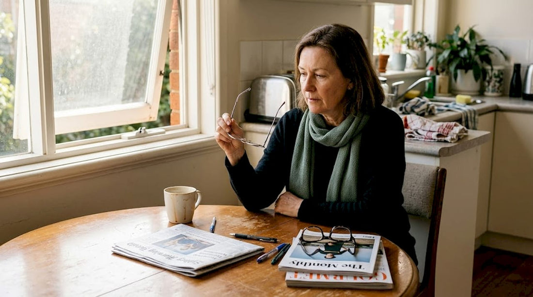 Woman compares reading glasses and distance glasses