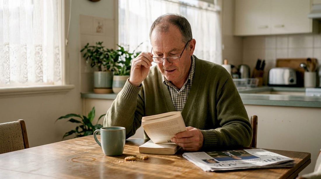 Man reading with +3.5 glasses at kitchen table
