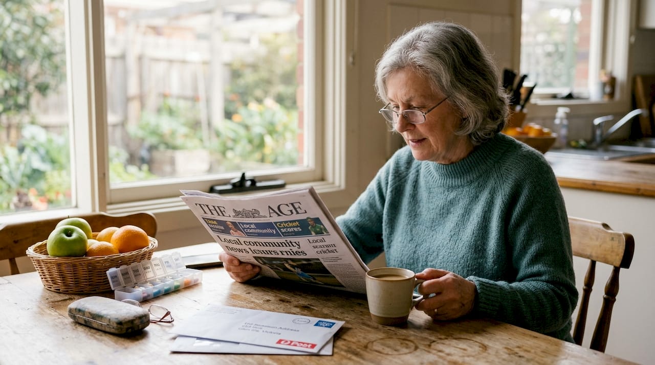 Elderly woman reading at kitchen table with glasses