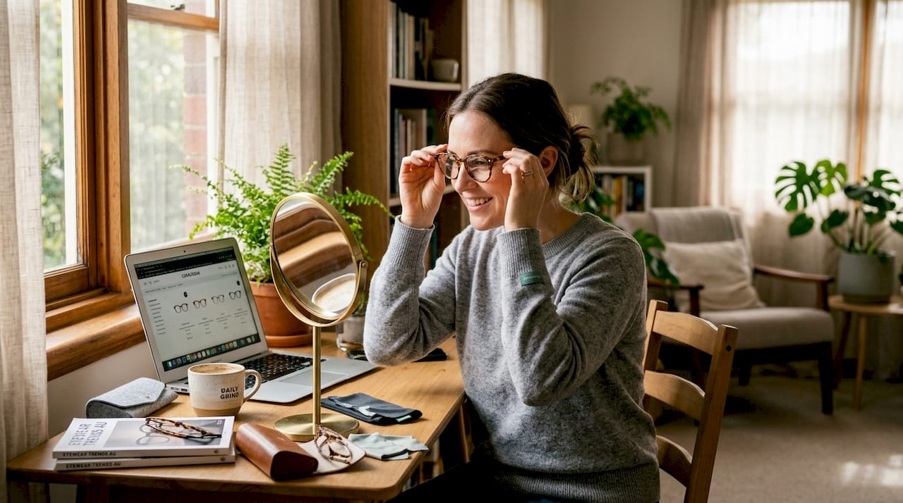 Woman trying tortoiseshell frames at cozy desk