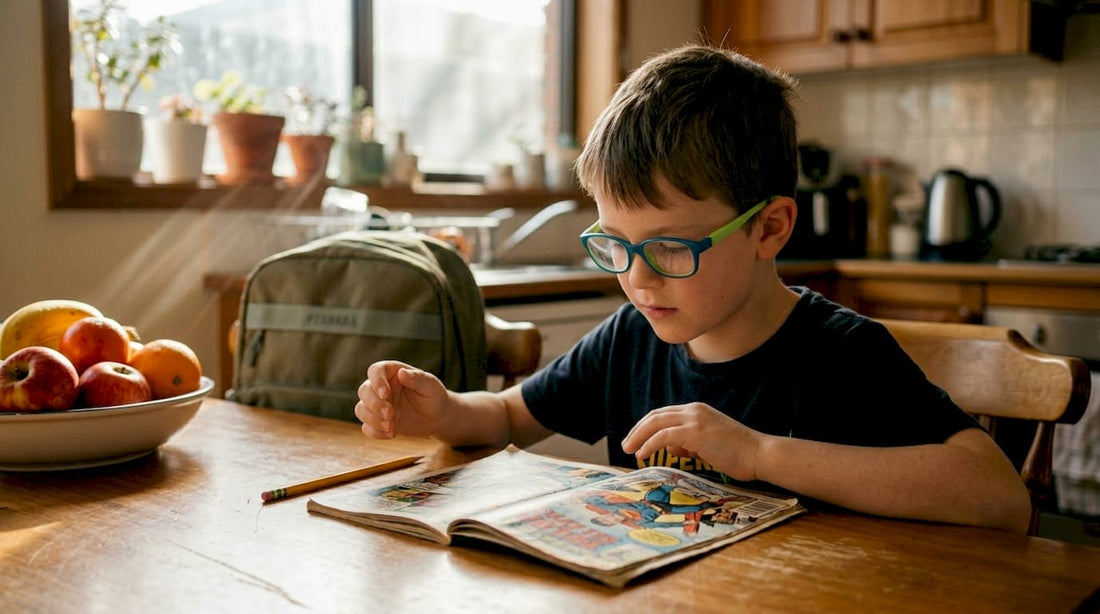 Young boy reading with flexible glasses