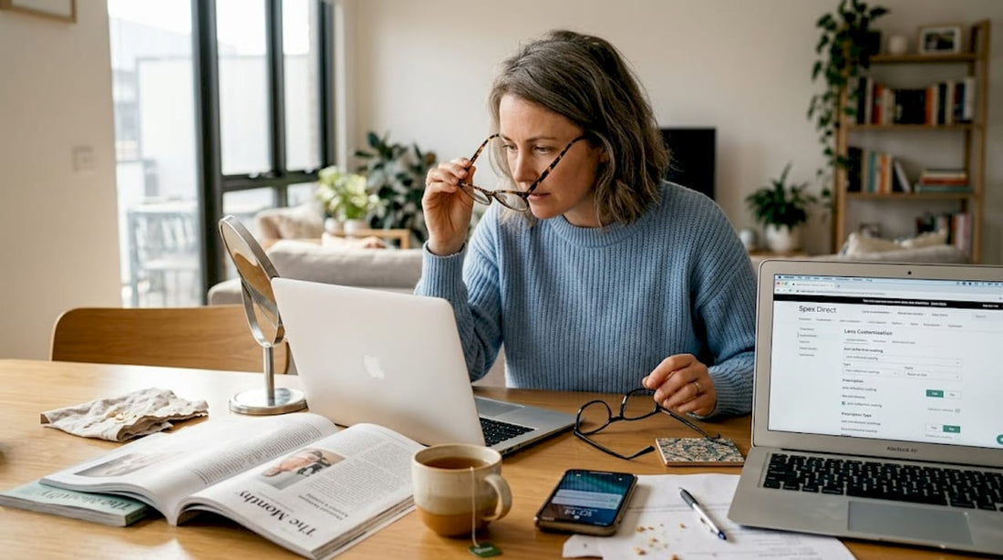 Woman compares glasses and lens choices at home