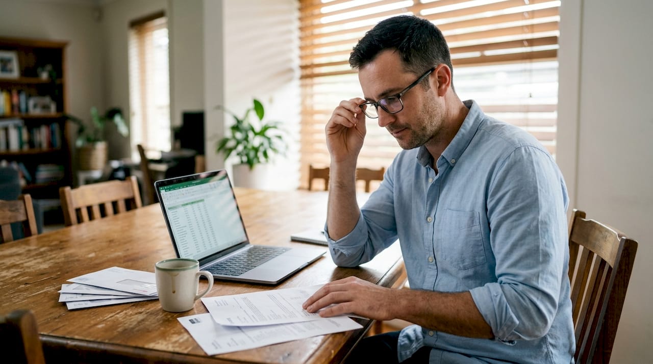Man adjusting glasses at home workspace