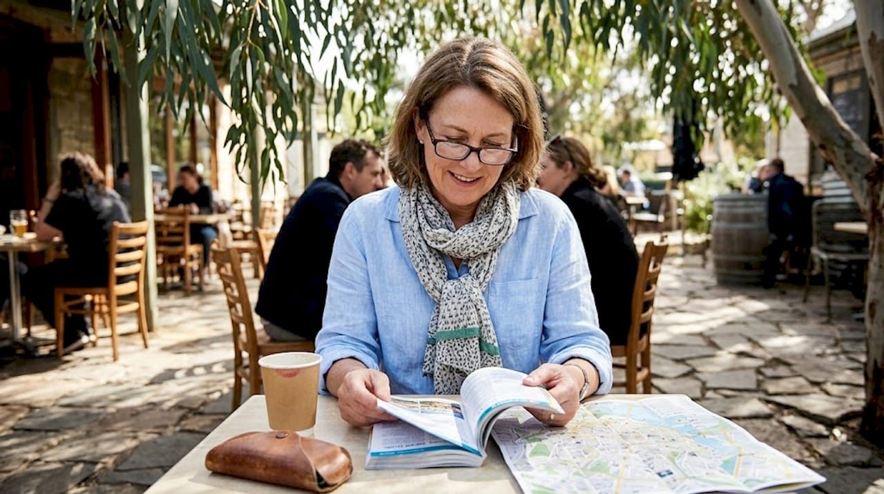 Woman wearing reading glasses outdoors