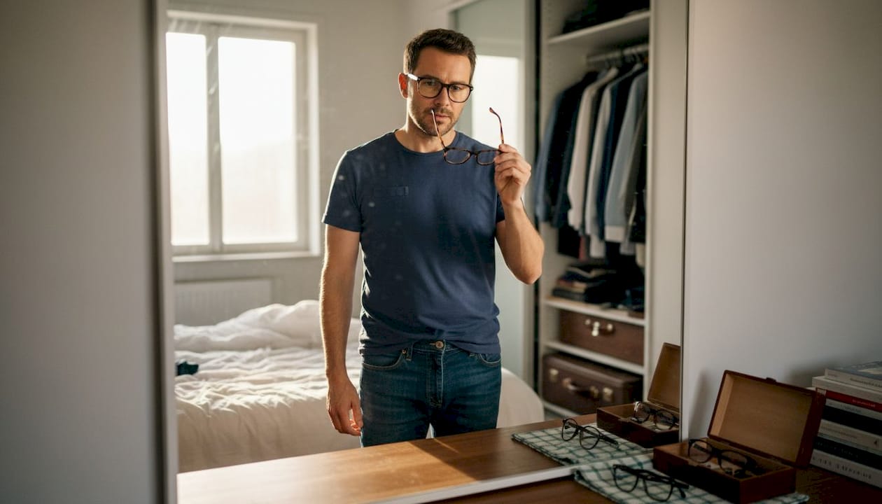 Man comparing eyeglass frames at mirror