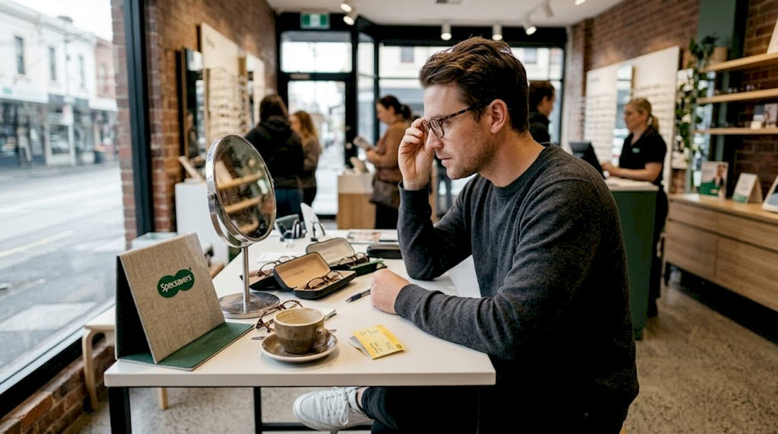 Man trying eyeglass frames in city optometrist