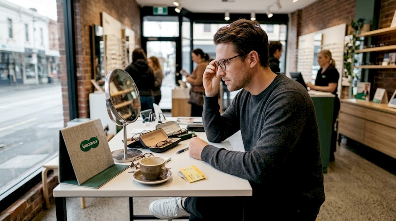 Man trying eyeglass frames in city optometrist