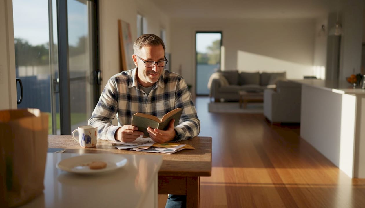 Man in 40s reading at kitchen table with glasses