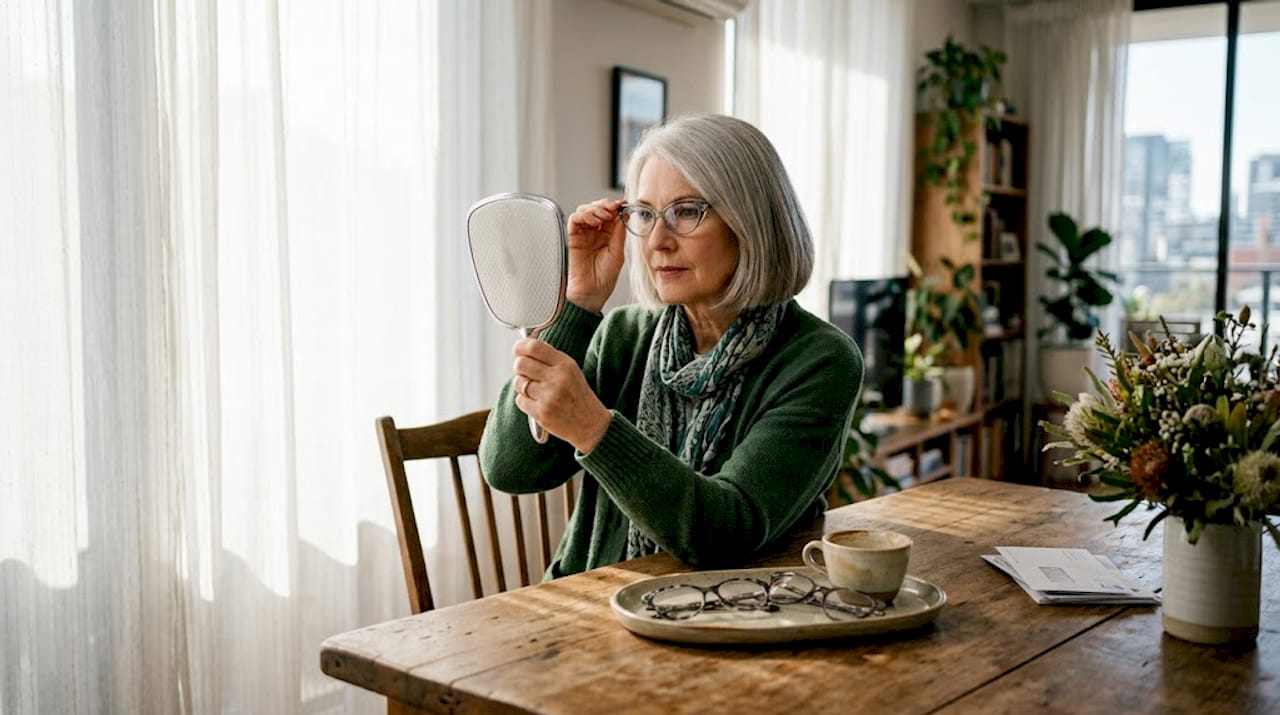 Mature woman trying on stylish glasses at home