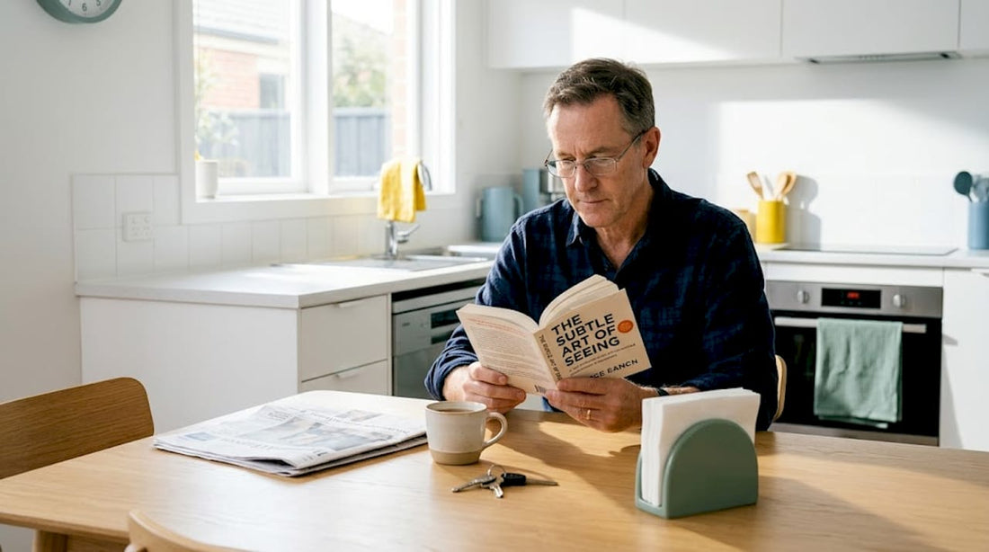 Man reading with weak reading glasses at kitchen table
