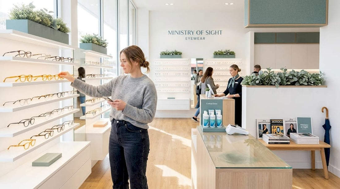 Woman browsing glasses in eyewear chain store