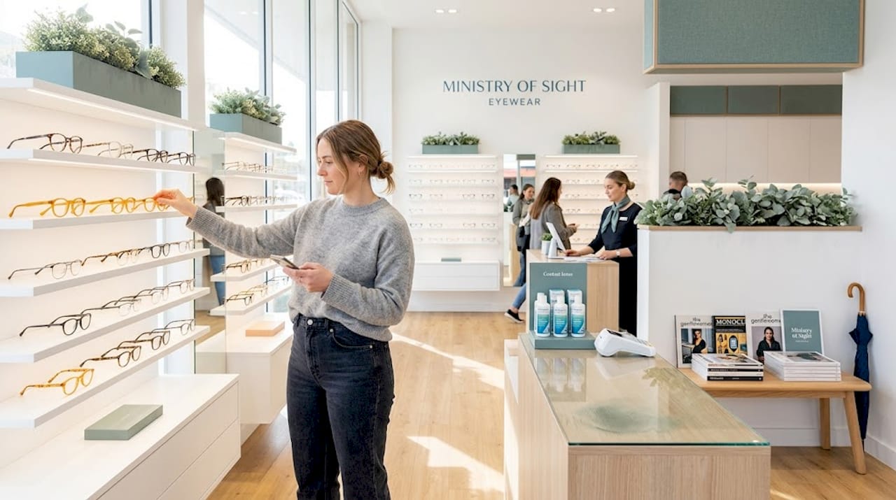 Woman browsing glasses in eyewear chain store