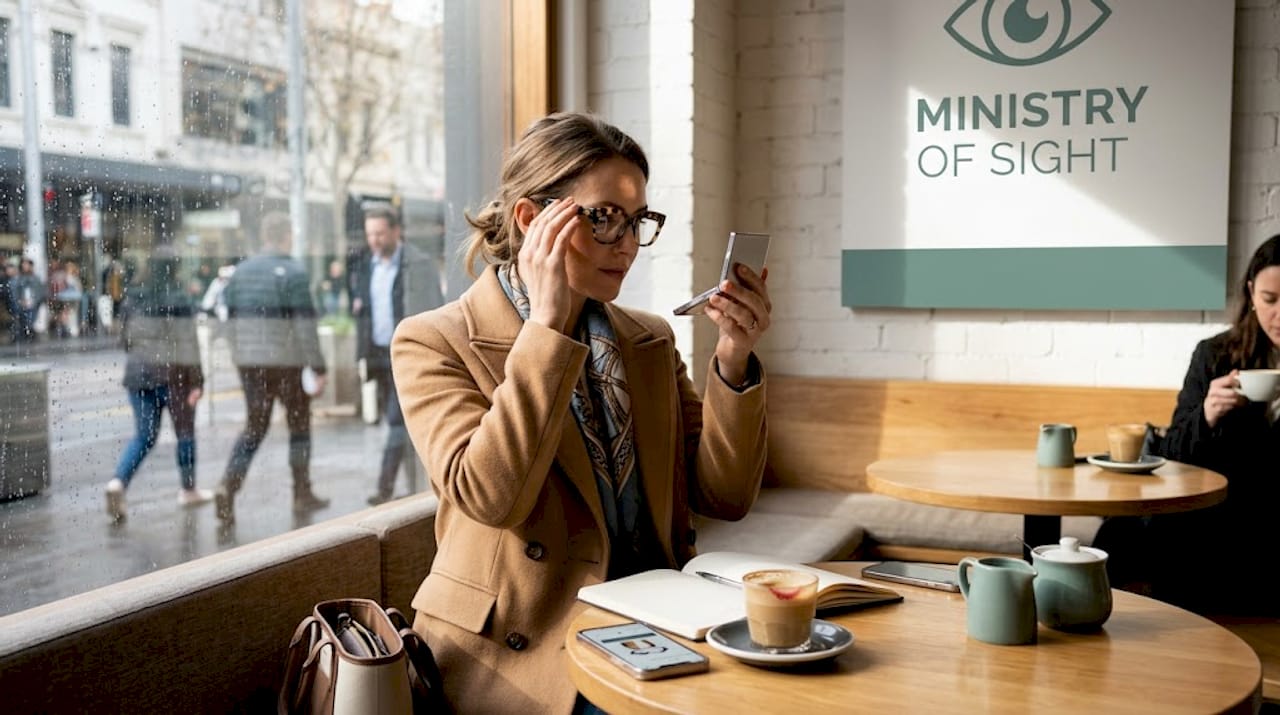 Woman tries designer glasses in coffee shop
