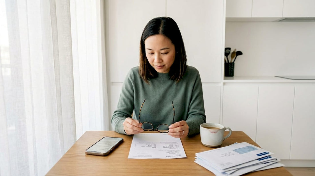 Woman checking eyeglass frames with prescription at table