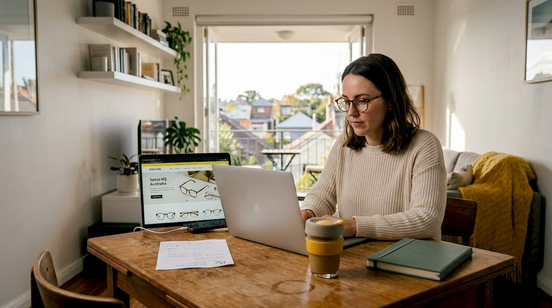 Woman browsing glasses websites from home