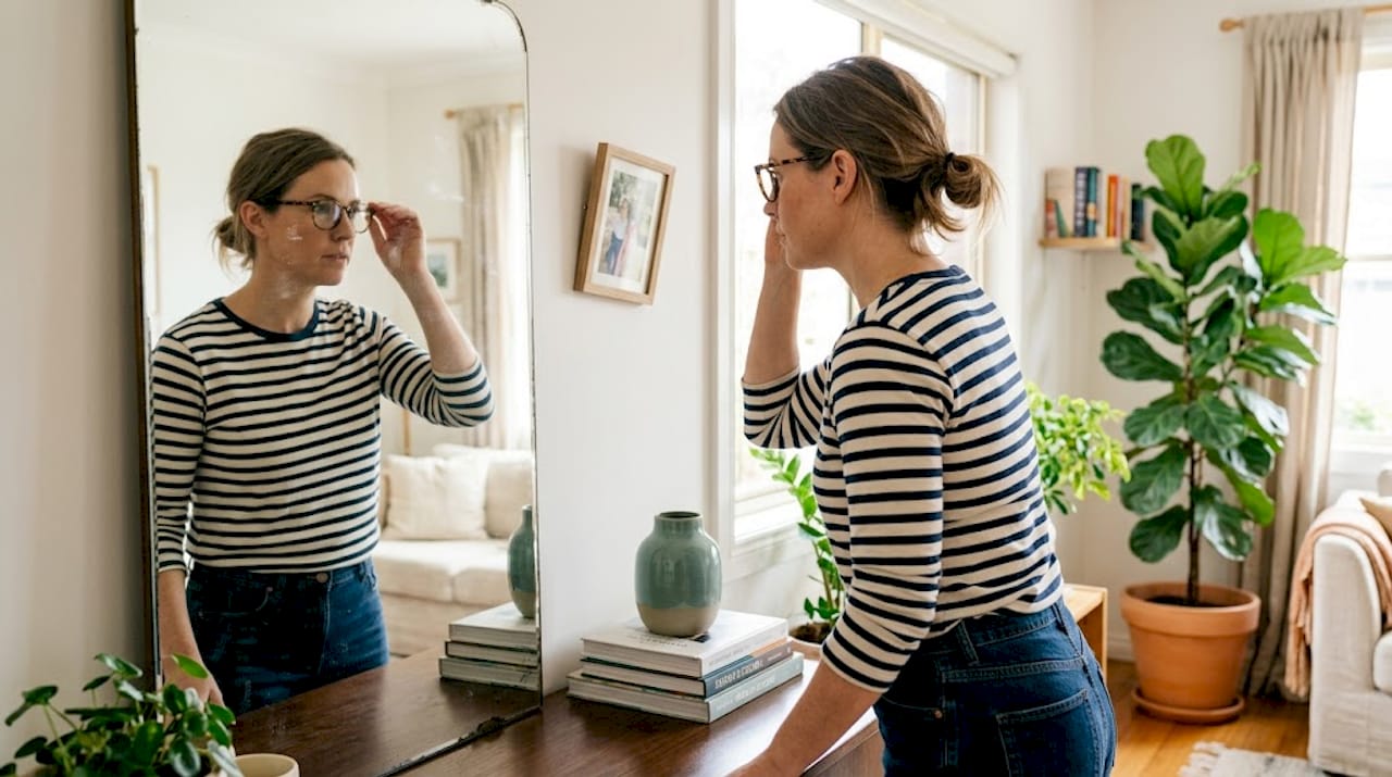 Woman checking eyeglass fit in hallway mirror