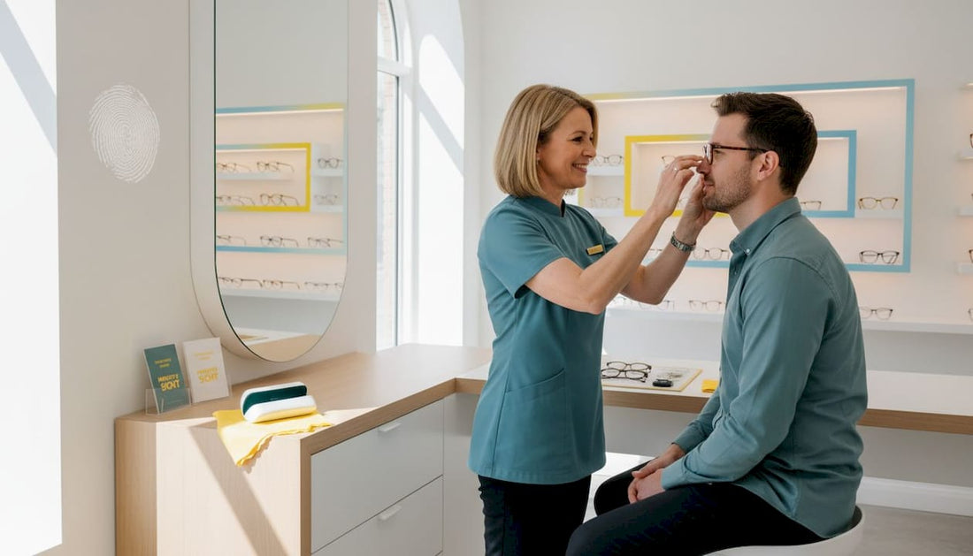 Optician adjusting glasses for customer in boutique