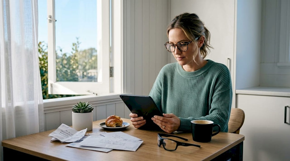 Woman reading with fashion and sporty glasses on table