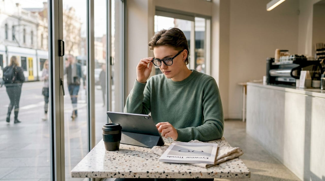Person in café trying trendy unisex glasses