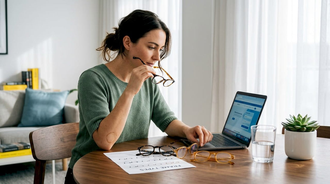 Woman comparing eyeglass frames at home table