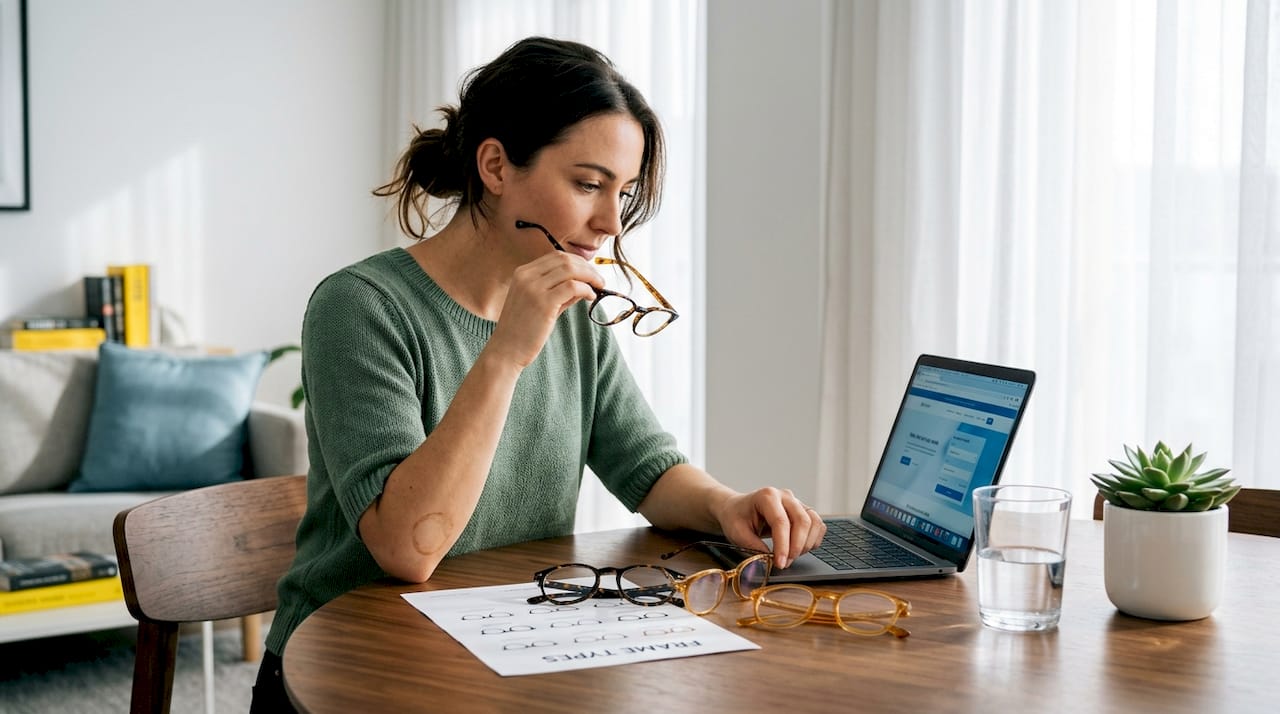 Woman comparing eyeglass frames at home table