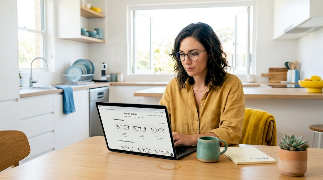 Woman shopping for eyeglasses online at kitchen table
