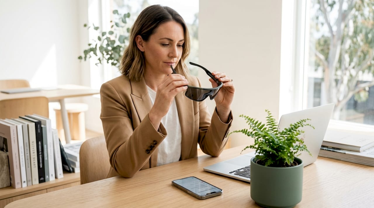 Woman checking sunglasses label at desk
