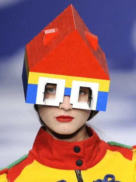 Haute couture model wearing glasses made from lego