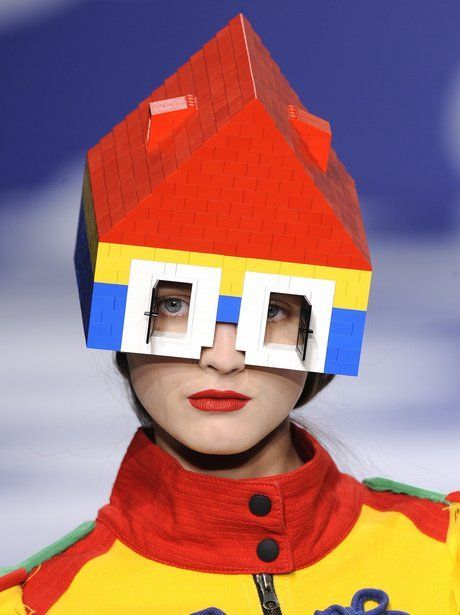 Haute couture model wearing glasses made from lego