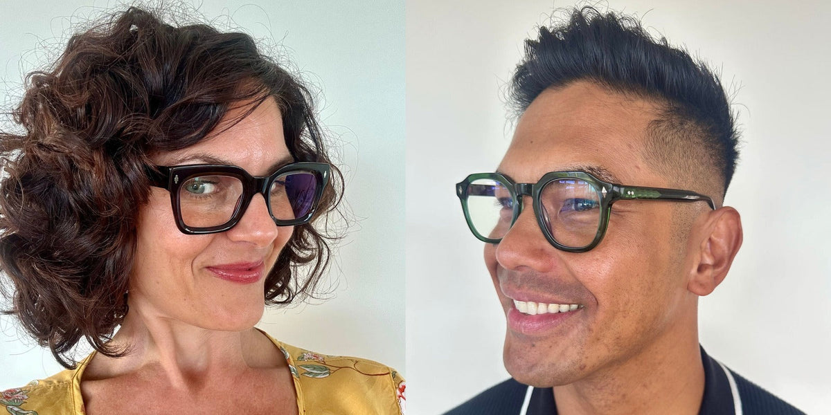 Australian man and woman wearing stylish well fitting reading glasses
