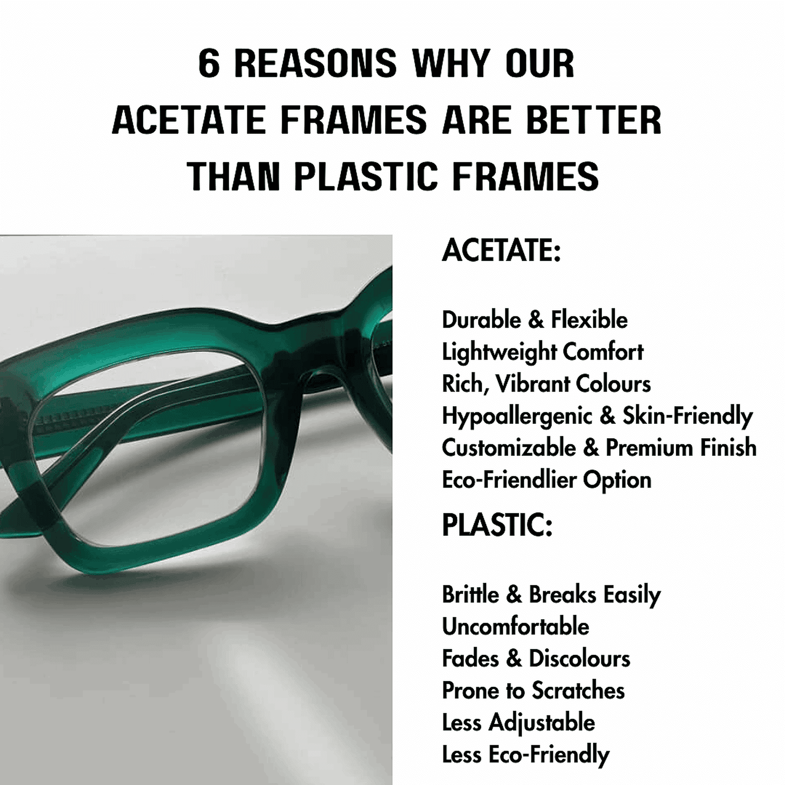 Green acetate eyeglasses with a list of reasons why Ministry of Sight acetate frames are better than plastic frames for reading glasses