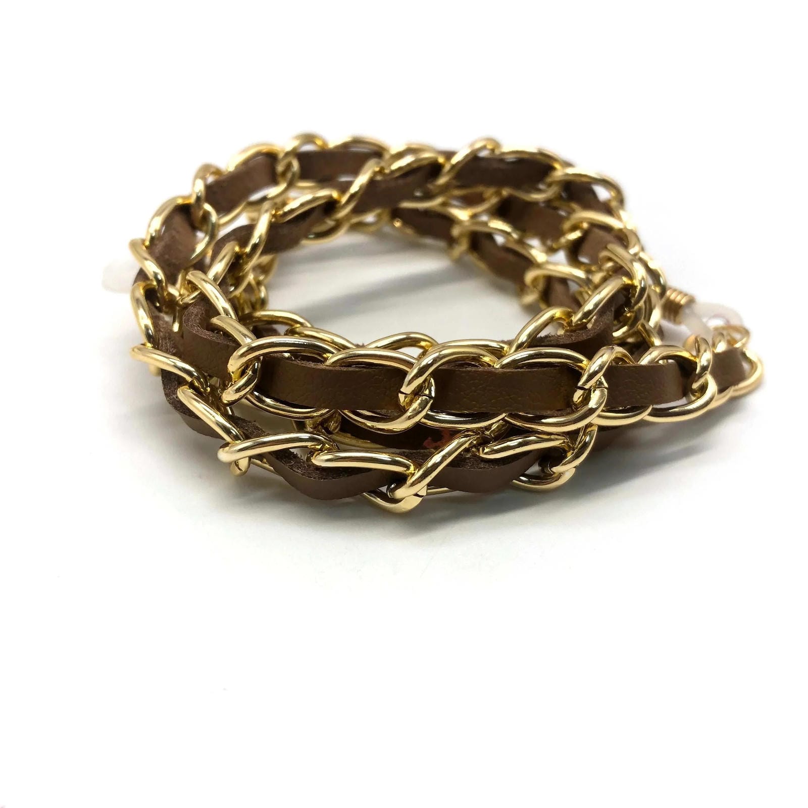 Interwoven glasses chain strap Chanel style gold and brown - Ministry of Style