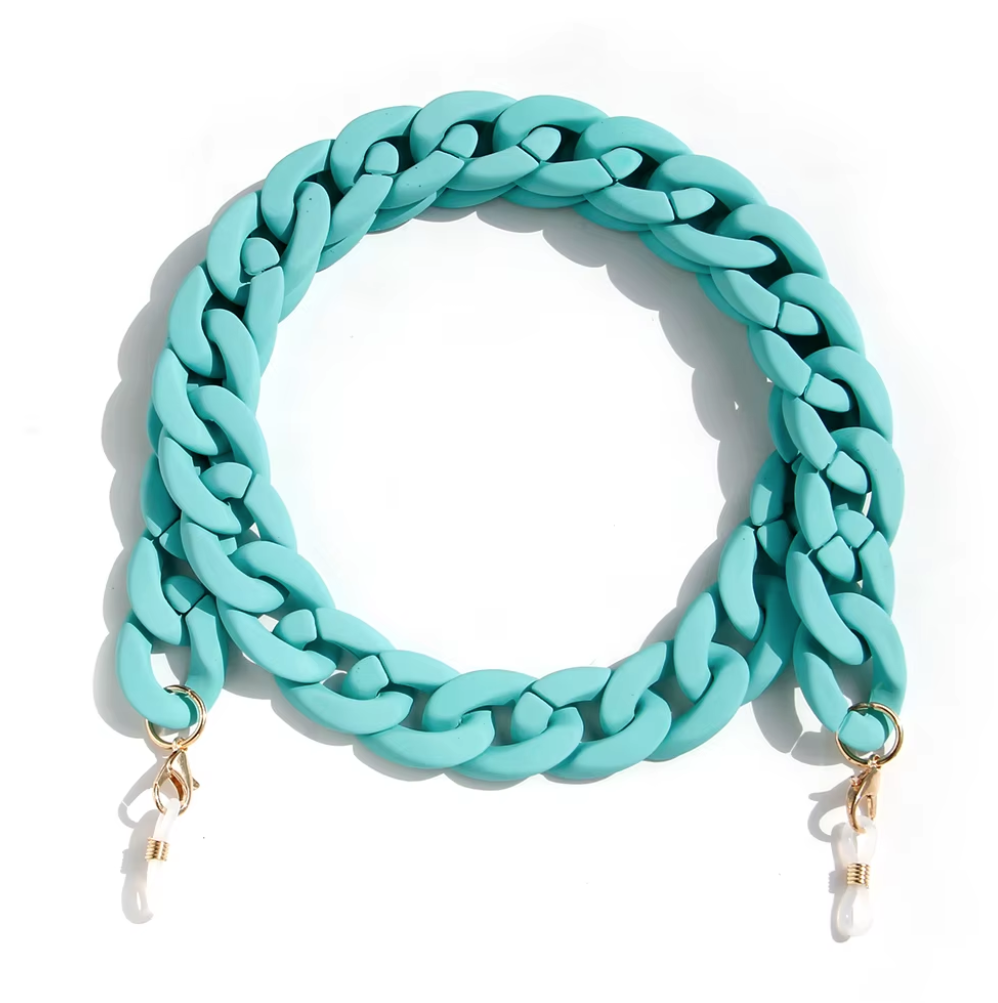 A chunky acrylic blue braided glasses chain accessory with gold-tone hardware