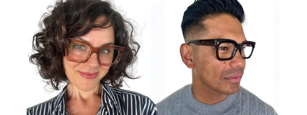 Man and woman wearing best seller reading glasses