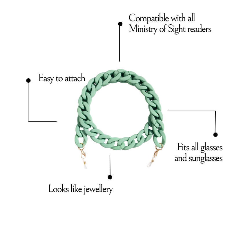 Green chunky glasses chain - ministry of sight. Compatible with all readers. Easy to attach. Looks like jewellery. Fits all glasses and sunglasses.
