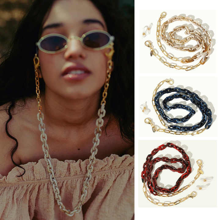Woman wearing beige tortoiseshell and gold links and chains cool lightweight and fun accessory for reading glasses Australia online 