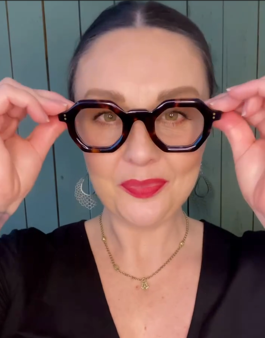 Australian woman over 40 wearing stylish hexagonal geometric reading glasses in tortoiseshell from ministry of sight