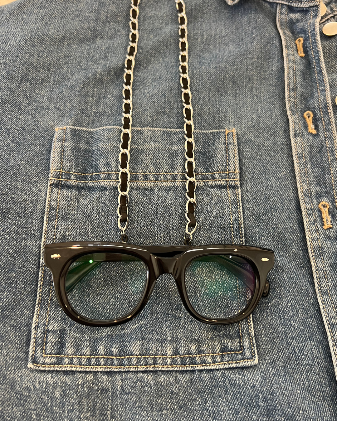 Interwoven metal and fabric chanel inspired glasses chain with stylish round oversized readers from Ministry of Sight
