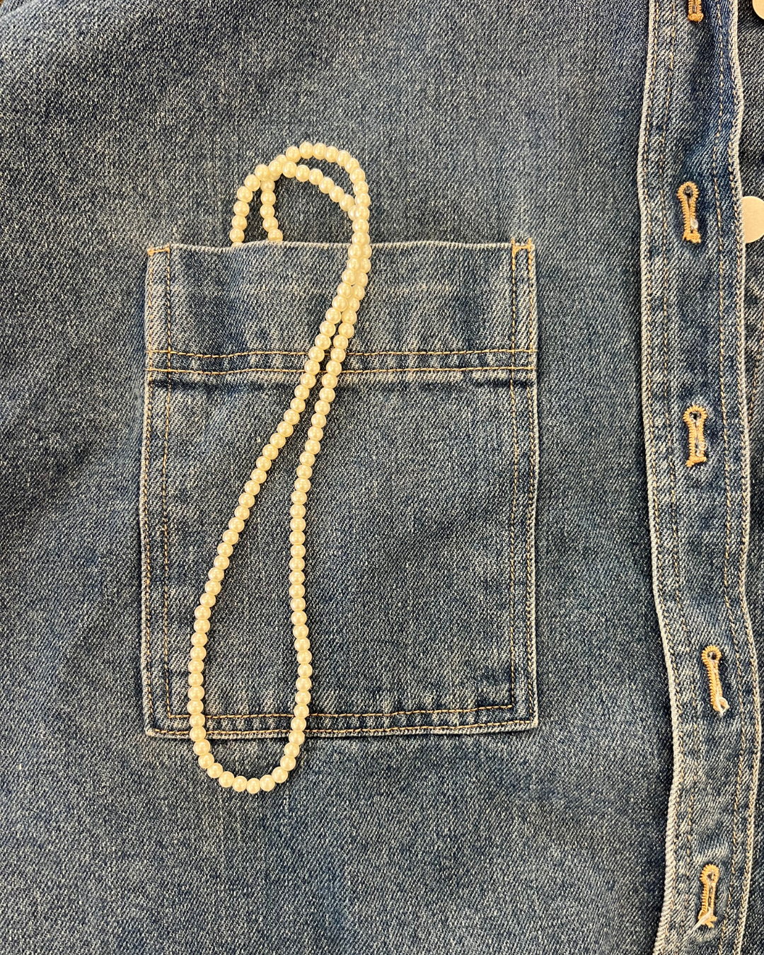 Denim jacket with pearl glasses and sunglasses chain accessory so you don't lose your glasses