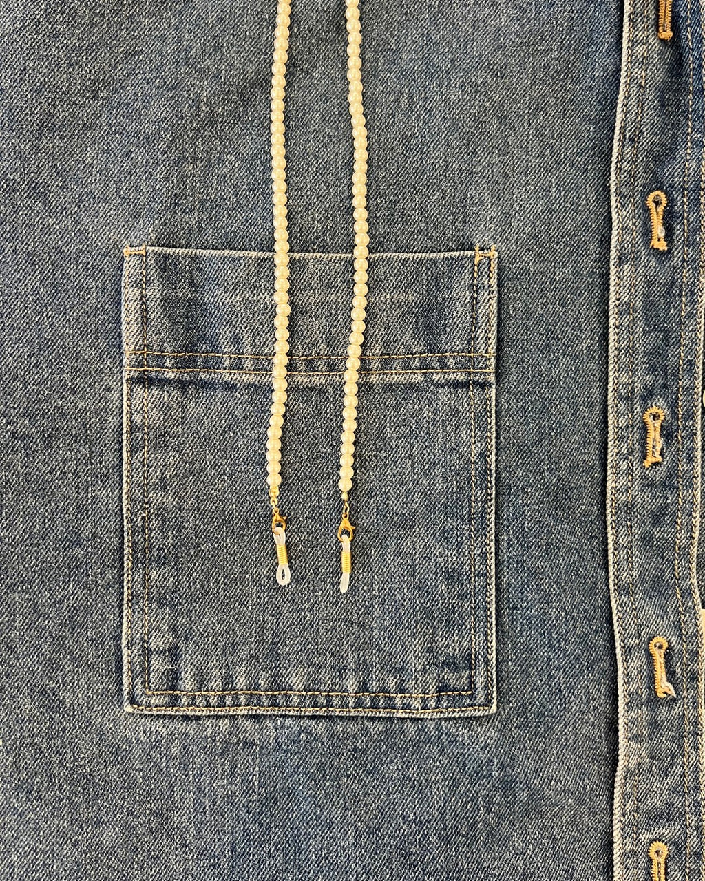 Pearl glasses and sunglasses chain accessory so you don't lose your glasses, on denim. Ministry of Sight